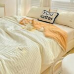 Korean Style Seersucker Washed Cotton Color Matching Bed Sheet Summer Quilt Four-piece Bedding Set Wholesale - Image 2