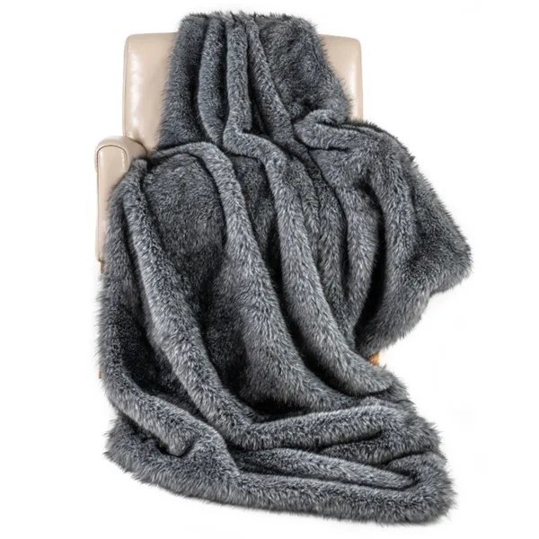 2e219e97-ad5e-409c-880d-886b18c75a4e.jpg Gray 740GSM Faux Wolf Fur Throw Blanket 60"x80" Double-Sided Soft Fleece Lined Blanket - Image 1