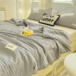 Korean Style Seersucker Washed Cotton Color Matching Bed Sheet Summer Quilt Four-piece Bedding Set Wholesale - Image 3