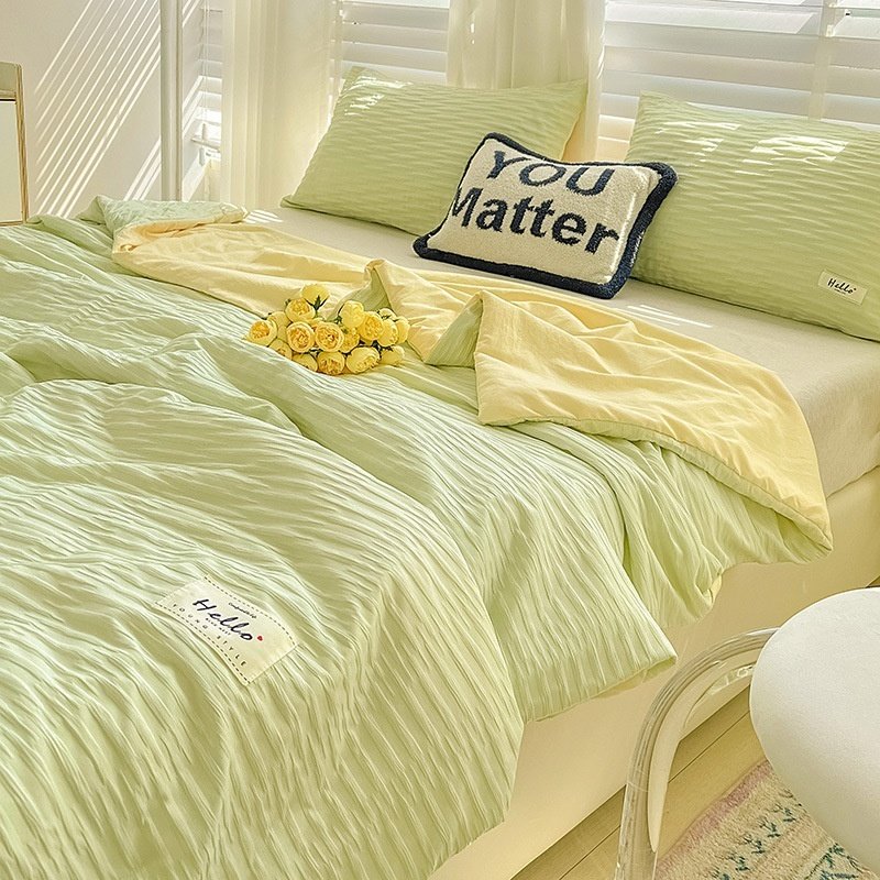ddbf2afe-23e4-4775-8bd1-f93c88148100_trans.jpeg Korean Style Seersucker Washed Cotton Color Matching Bed Sheet Summer Quilt Four-piece Bedding Set Wholesale - Image 1