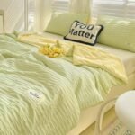 Korean Style Seersucker Washed Cotton Color Matching Bed Sheet Summer Quilt Four-piece Bedding Set Wholesale - Image 6