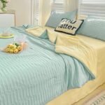 Korean Style Seersucker Washed Cotton Color Matching Bed Sheet Summer Quilt Four-piece Bedding Set Wholesale - Image 4