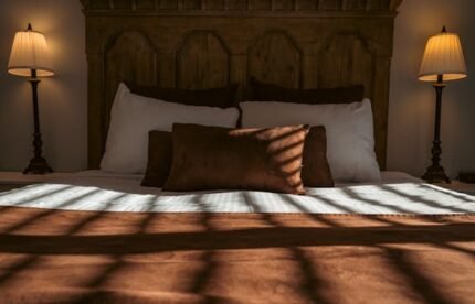 Warm and inviting bedroom scene featuring a wooden headboard and soft lighting from matching bedside lamps.